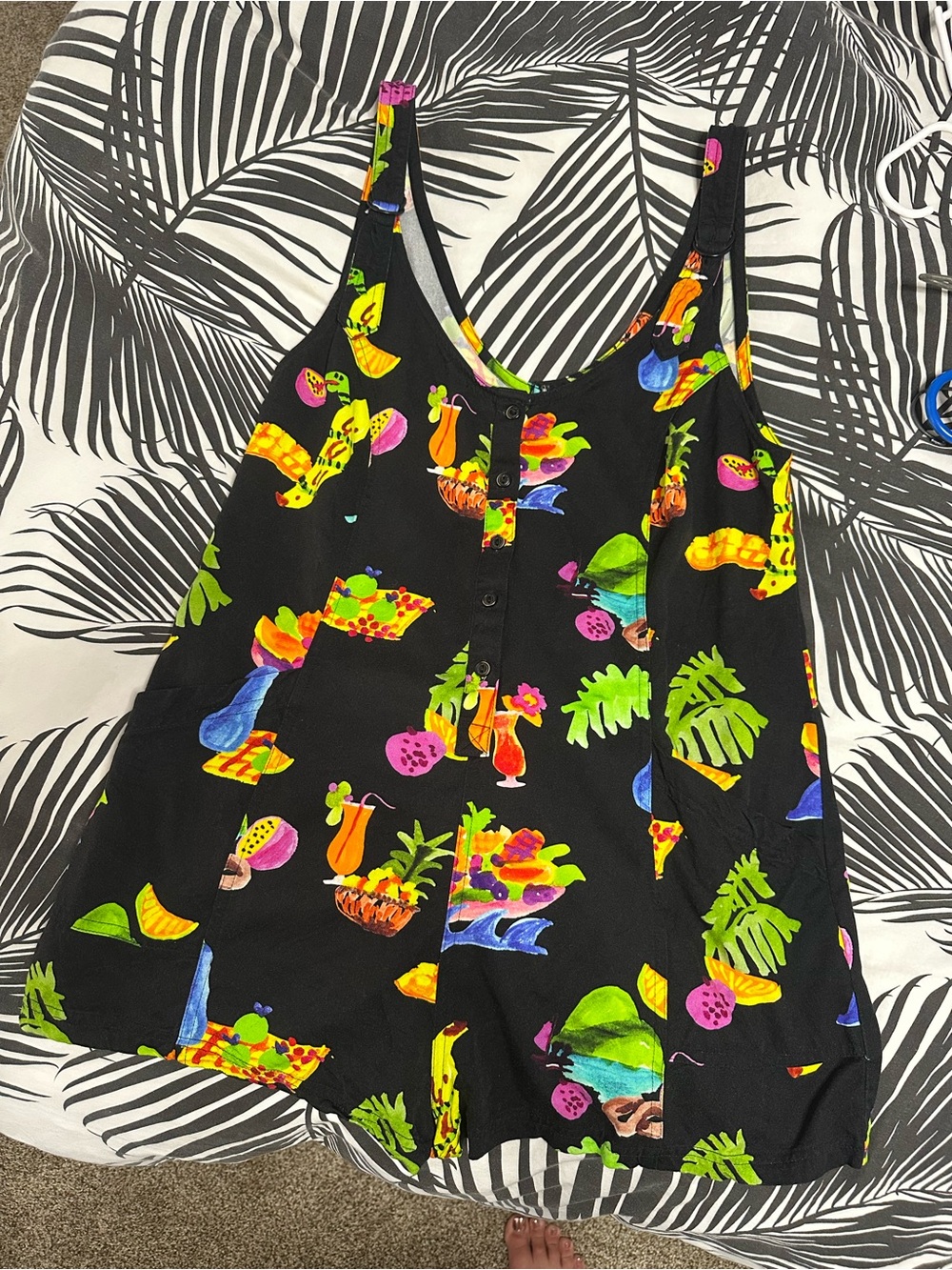 Roark Black Tank Romper with Neon Tropical Print